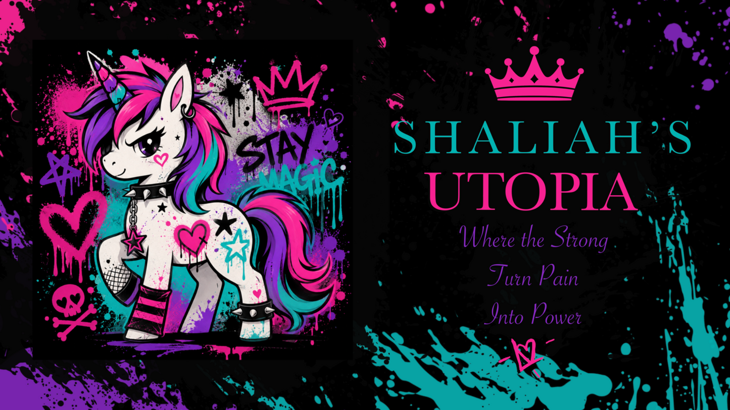 Cartoon unicorn with colorful design on a dark background with text 'Shaliah's Utopia'.